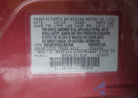 2016 Nissan Sentra Fe+ S/S/Sl/Sr/Sv z USA, uszkodzony, nr VIN 3N1AB7APXGL637240